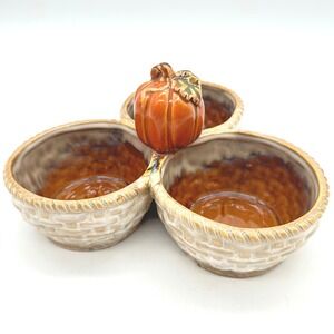 Vintage TII Collections Ceramic Pumpkin Trio Serving Bowl Brown Basket Weave
